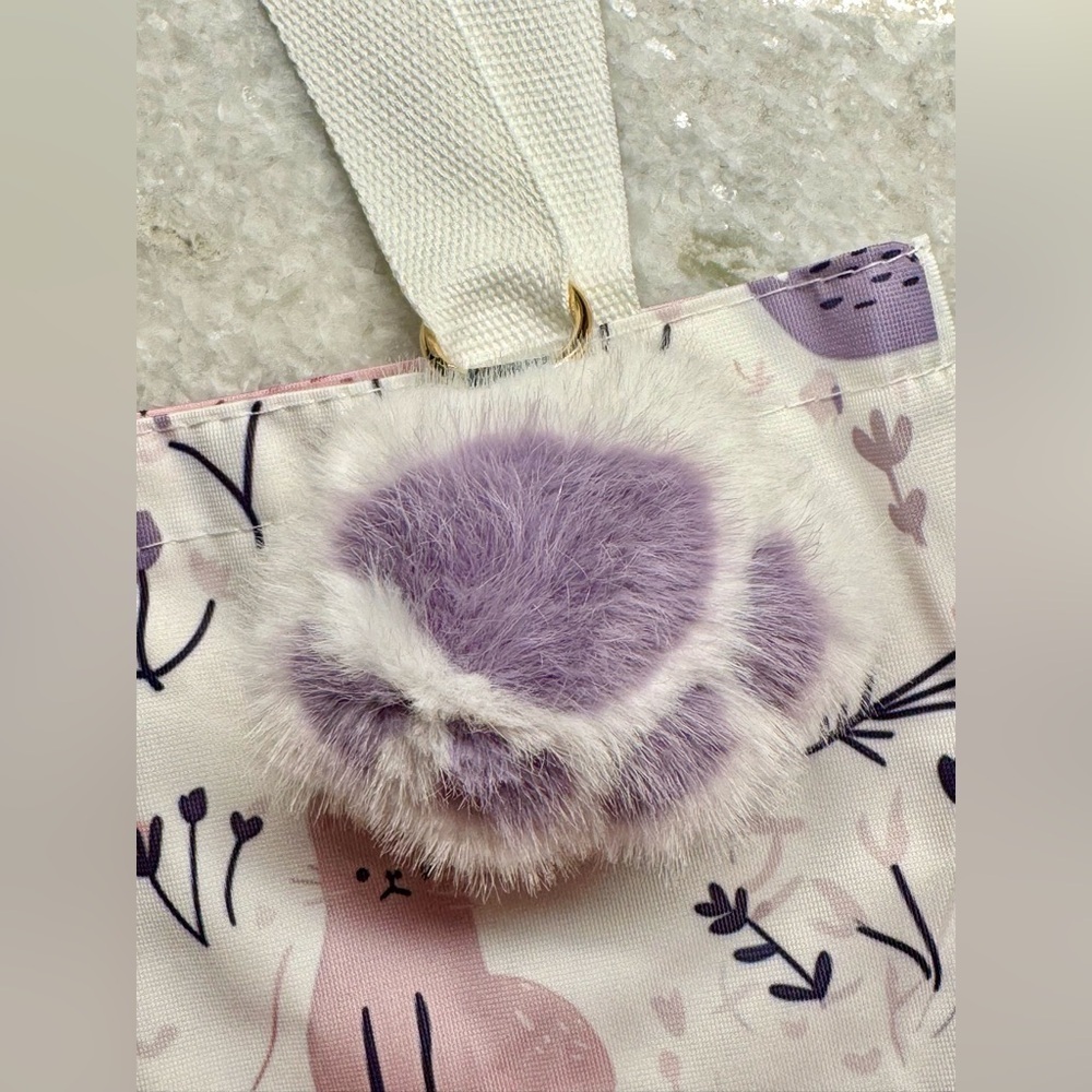 New Pink & Purple Cats Shopping Bag Purse Tote w/ Fuzzy Paw Charm - 16” - Picture 3 of 9